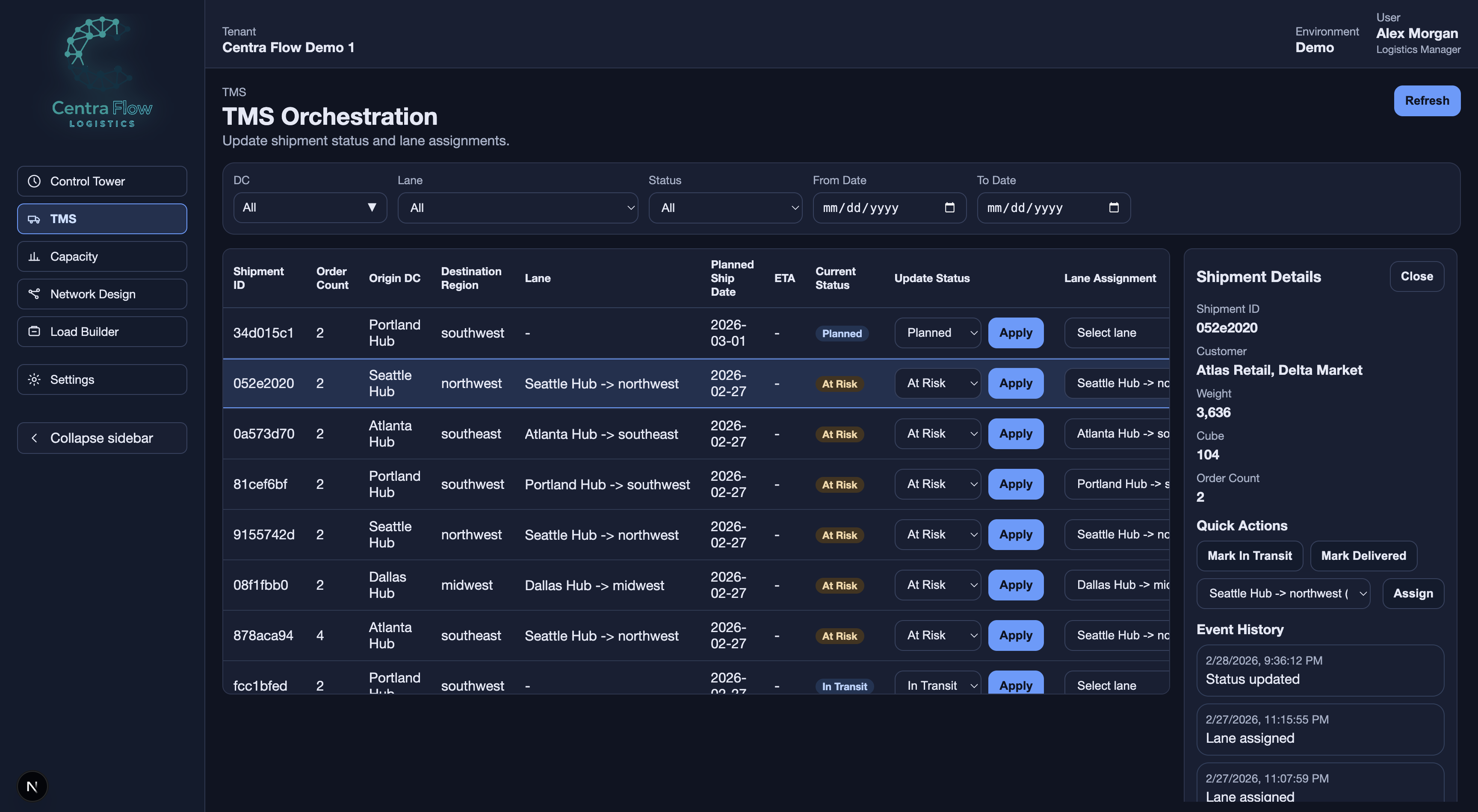 TMS shipment operations view