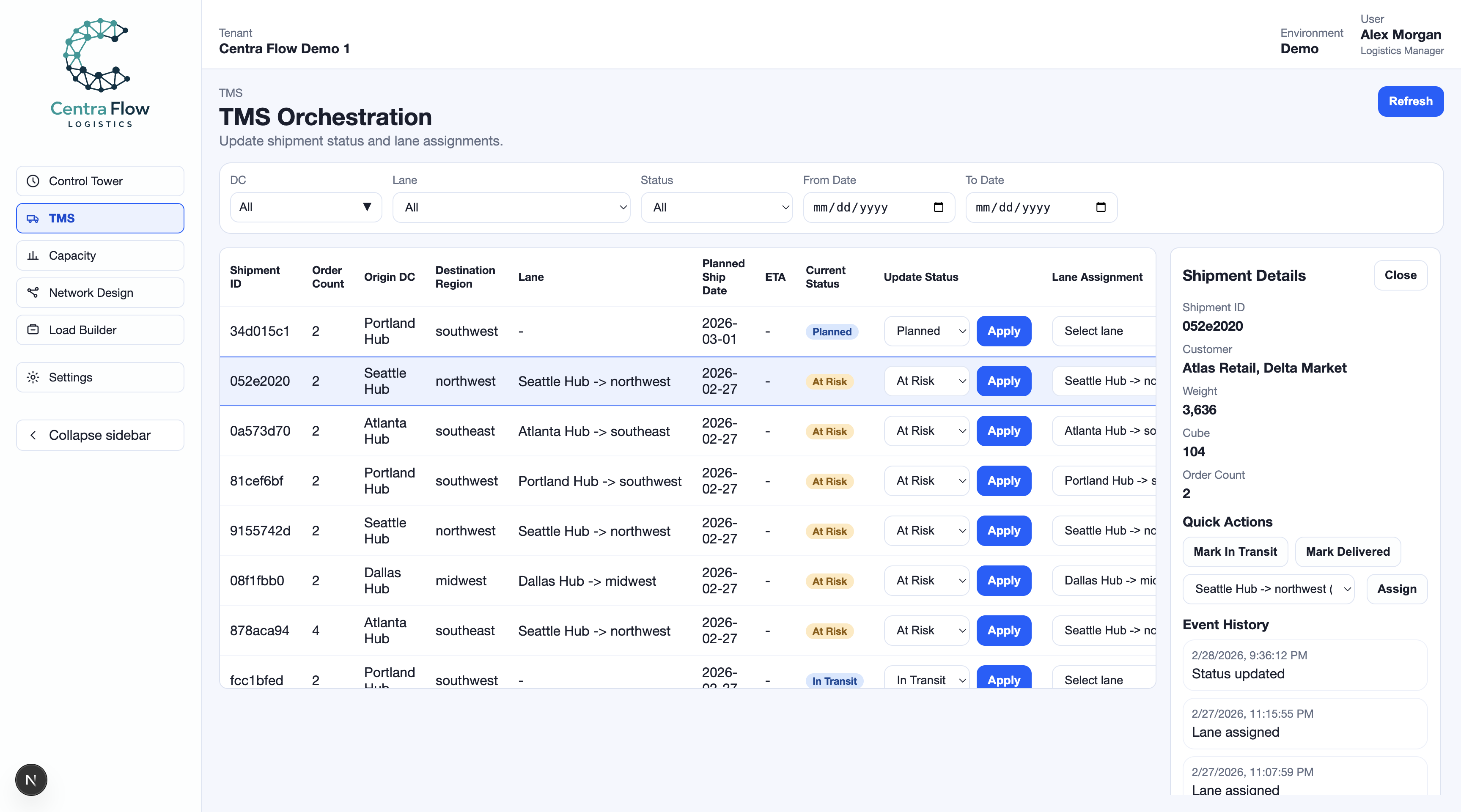 TMS shipment operations view